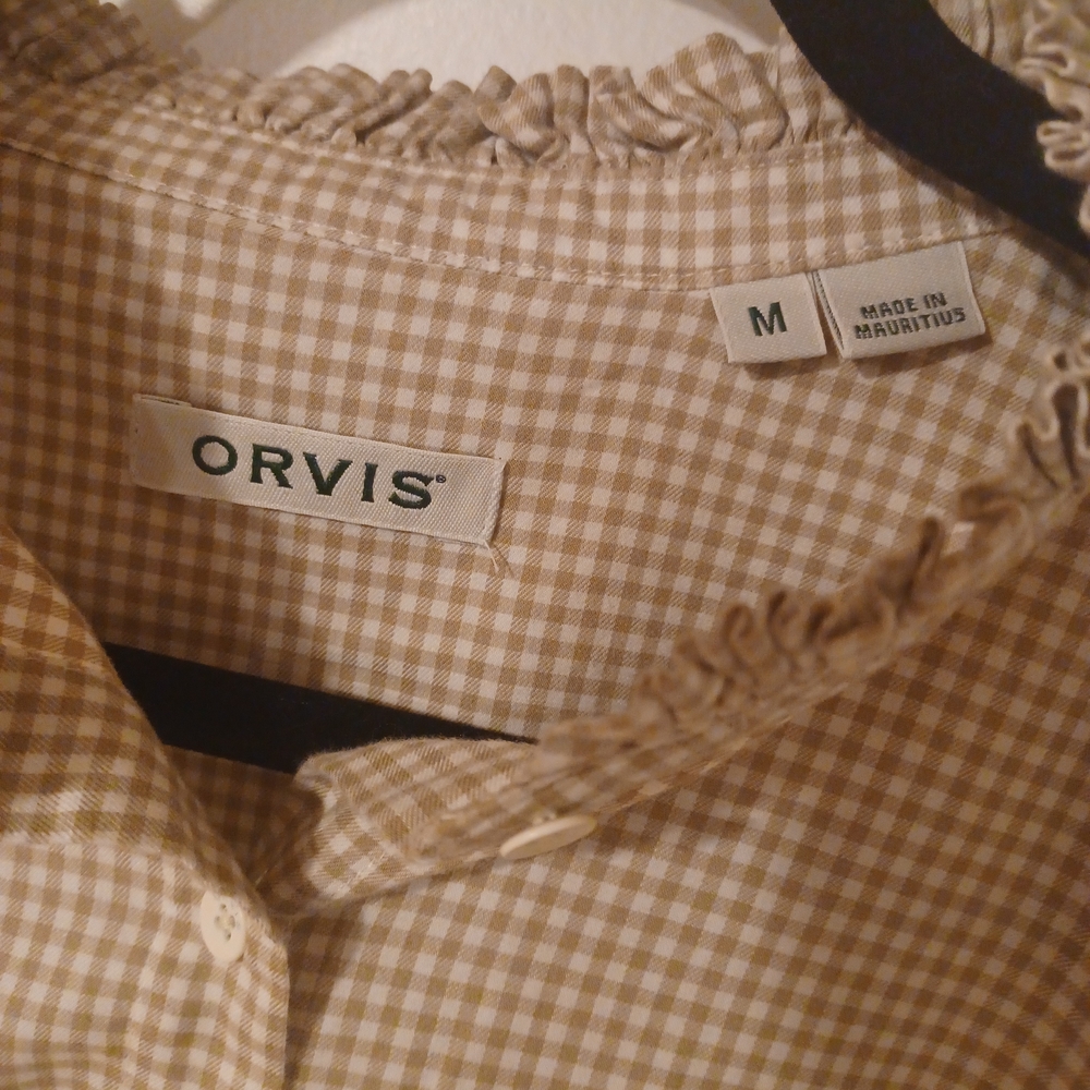 Orvis Tan Gingham Ruffle Collar Shirt 100% Cotton, Medium - Picture 2 of 6
